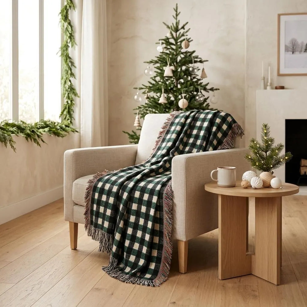 Forest Green Black Plaid Woven Blanket
