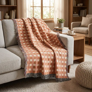 Burnt Orange Cream Plaid Woven Blanket