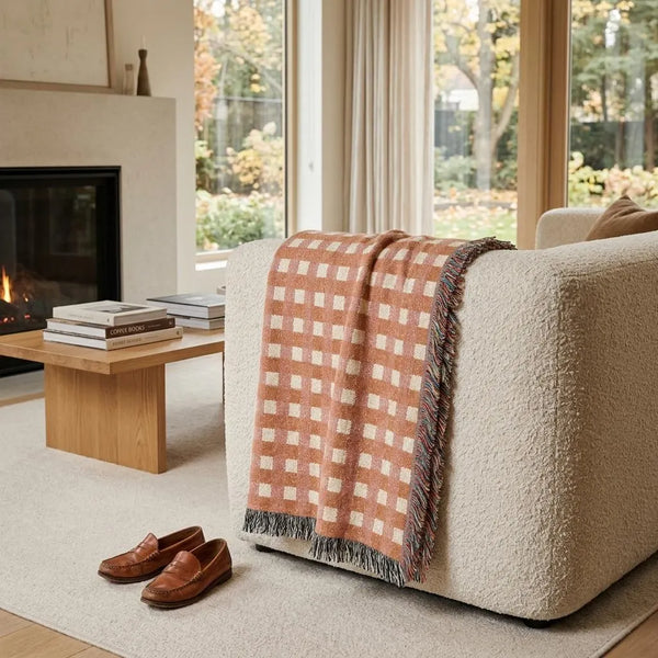 Burnt Orange Cream Plaid Woven Blanket