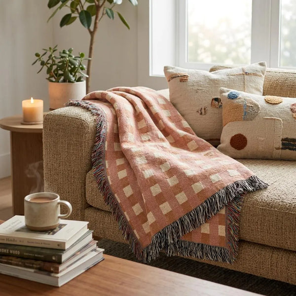Burnt Orange Cream Plaid Woven Blanket