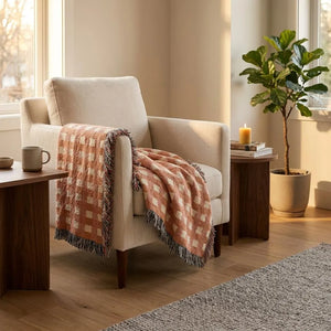 Burnt Orange Cream Plaid Woven Blanket