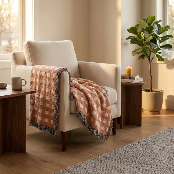 Burnt Orange Cream Plaid Woven Blanket