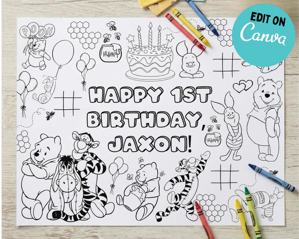 Pooh Birthday Coloring Placemat | Editable Canva Template