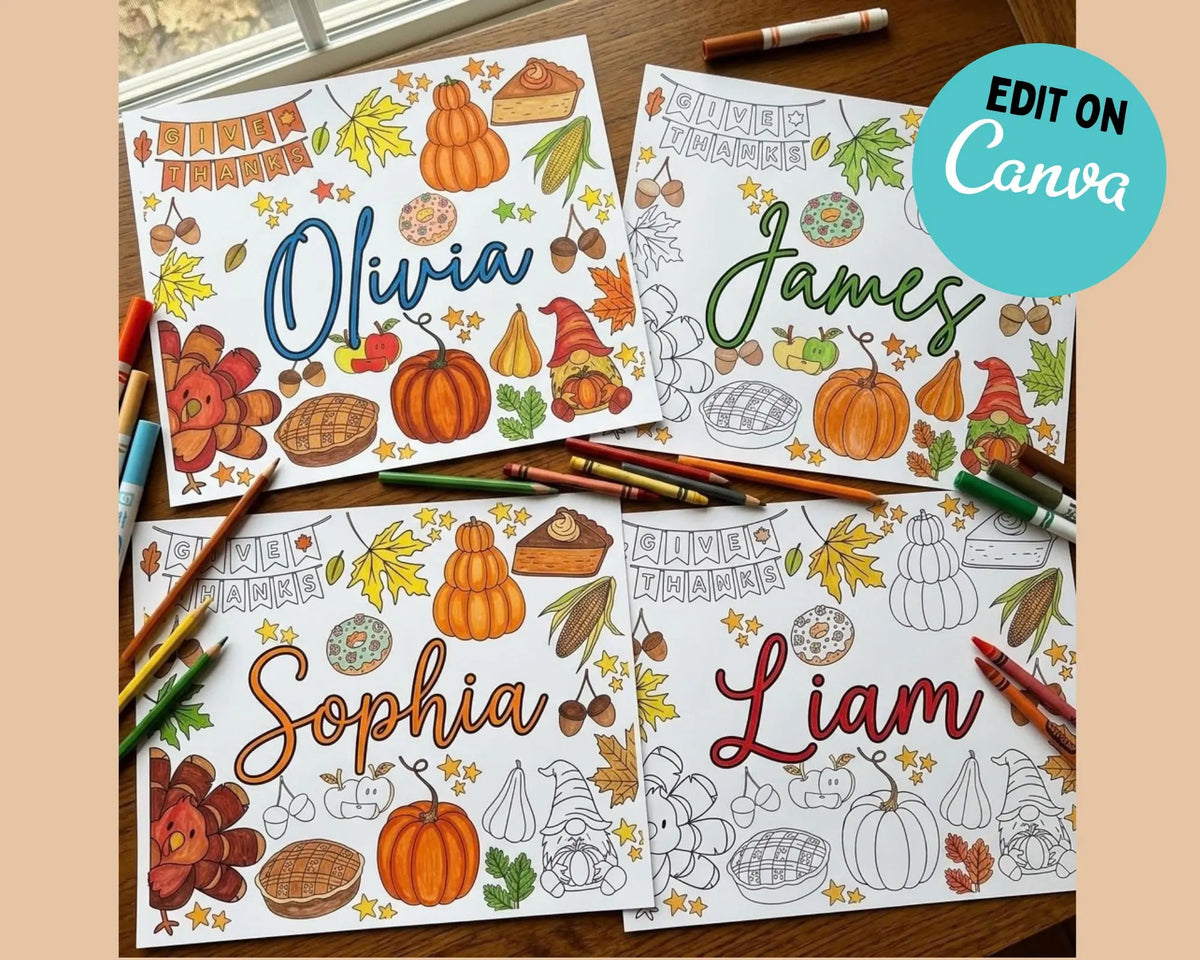 Personalized Thanksgiving Coloring Placemat | Editable Canva Template