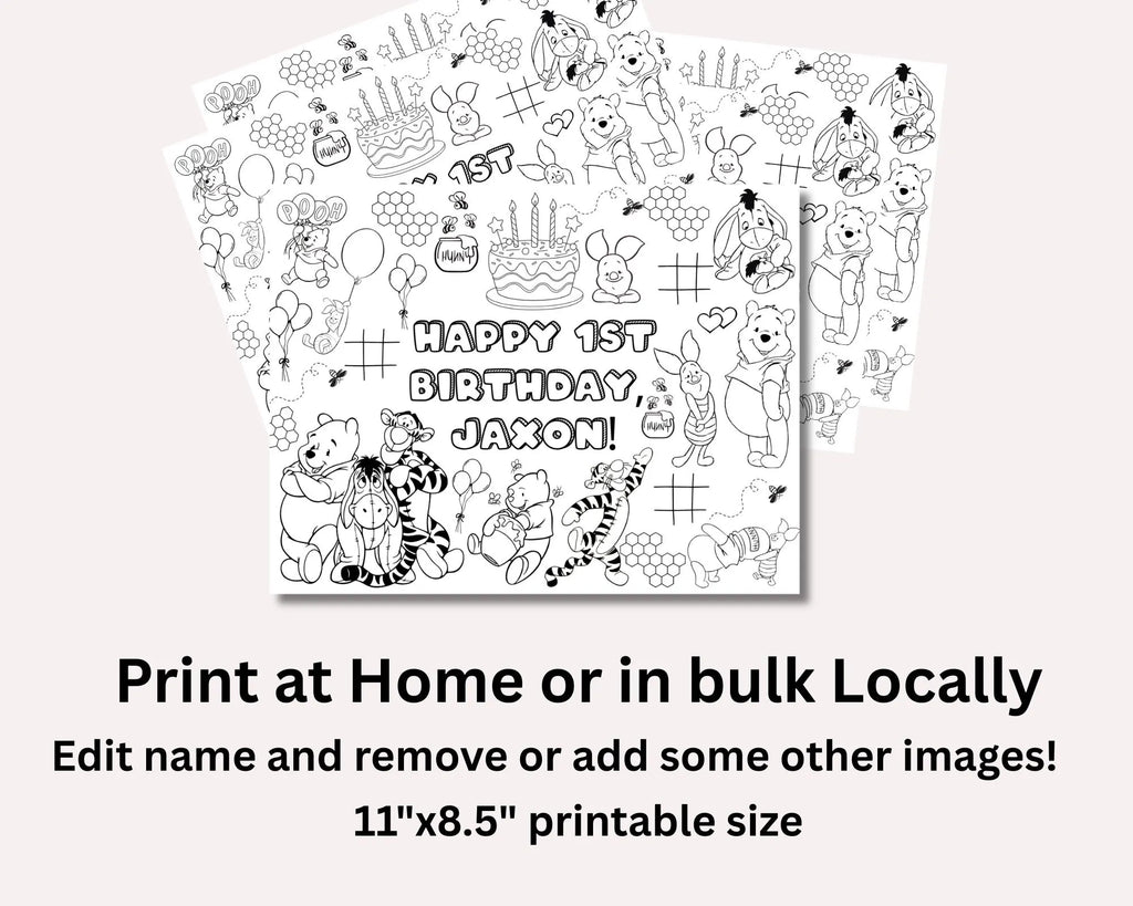 Pooh Birthday Coloring Placemat | Editable Canva Template