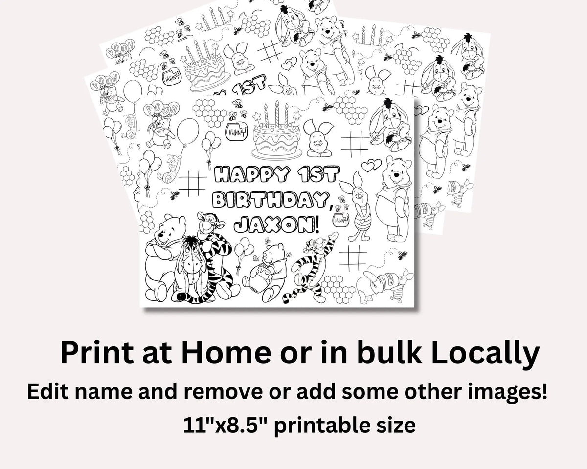 Pooh Birthday Coloring Placemat | Editable Canva Template