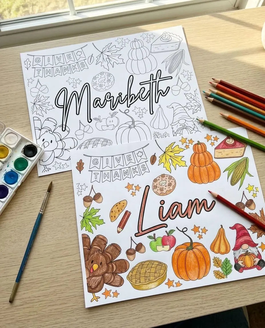 Personalized Thanksgiving Coloring Placemat | Editable Canva Template