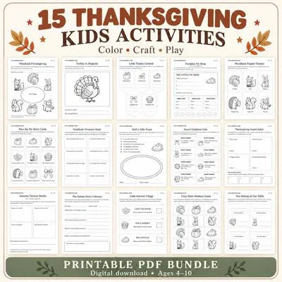 15 Thanksgiving Kids Activities Printable Bundle