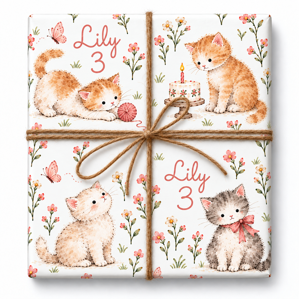 Storybook Kittens personalized gift wrap with large watercolor artwork and natural twine
