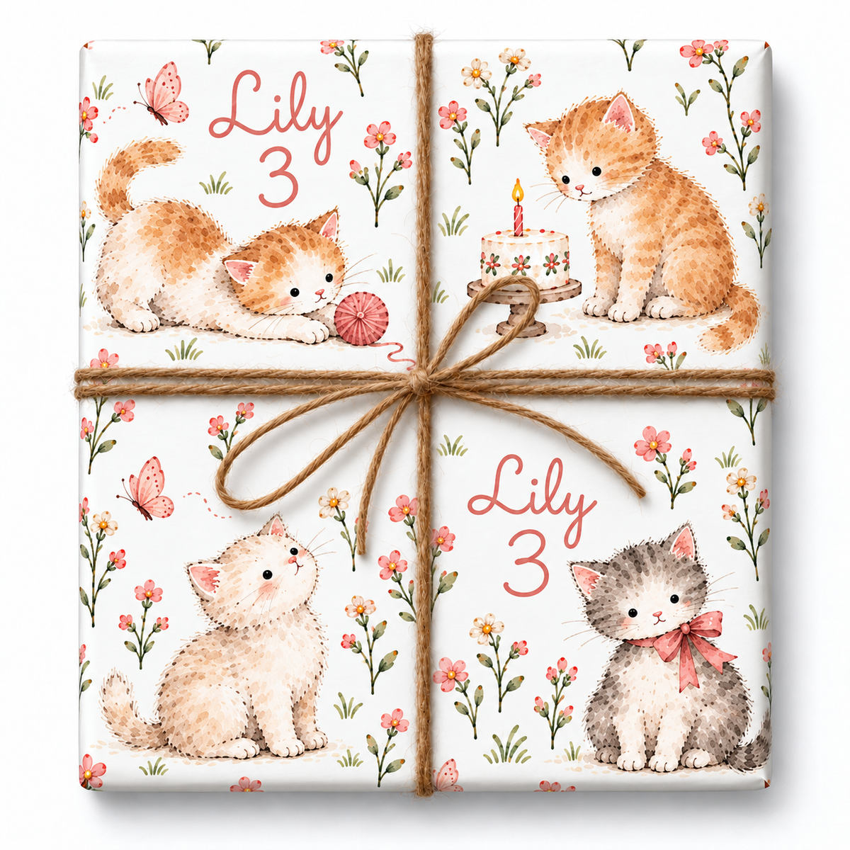 Storybook Kittens personalized gift wrap with large watercolor artwork and natural twine