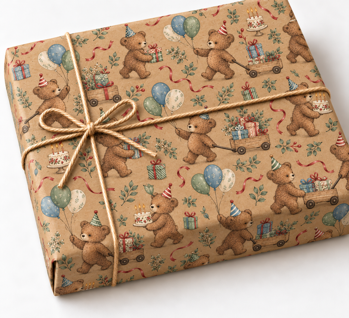 Birthday Balloon Parade Teddy Bear Kraft Gift Wrap on a wrapped kraft gift tied with natural twine on white