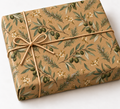 Olive Grove and Rosemary Kraft Gift Wrap on a wrapped kraft gift tied with natural twine on white