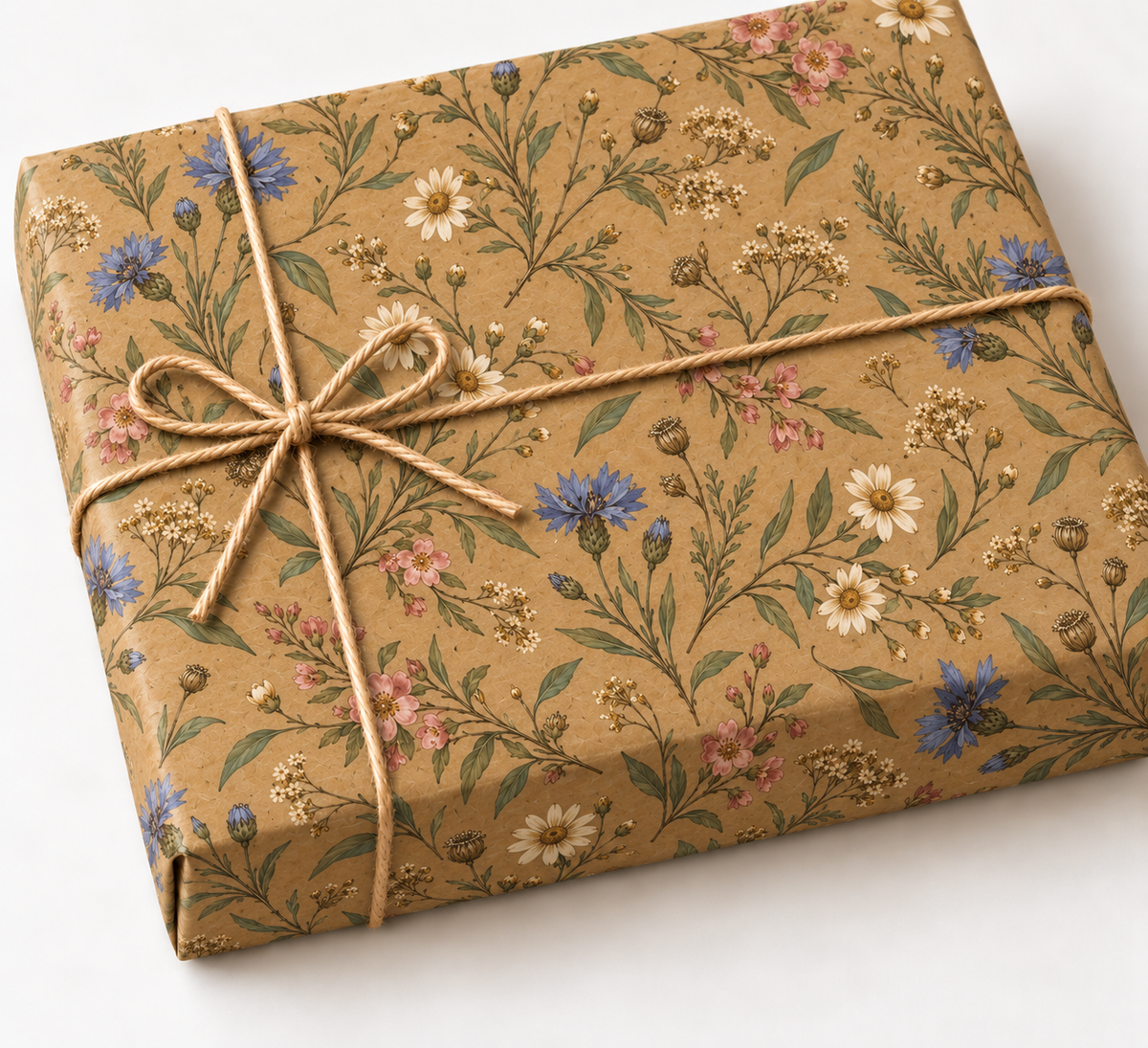 Meadow Pressed Flowers Kraft Gift Wrap shown on a wrapped rectangular gift with natural twine and white background