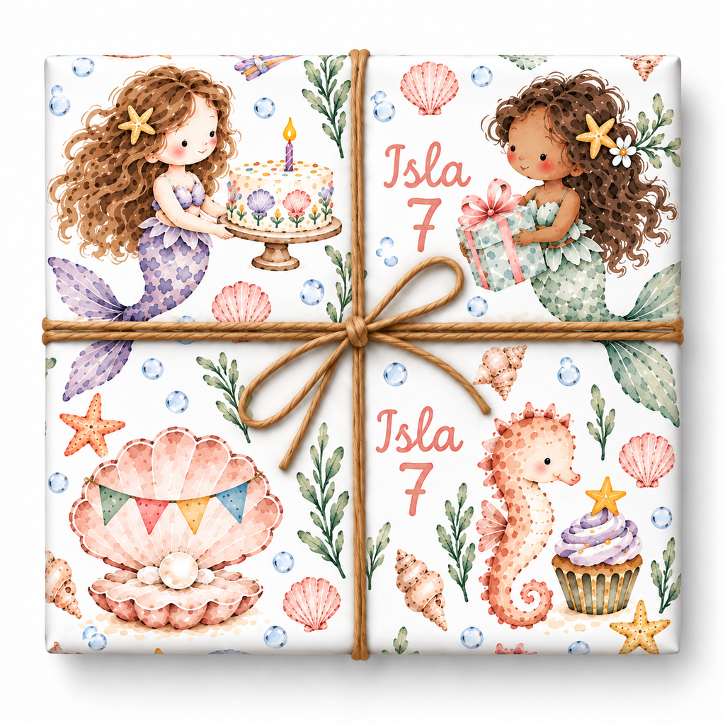 Mermaid Party personalized gift wrap with large watercolor artwork and natural twine