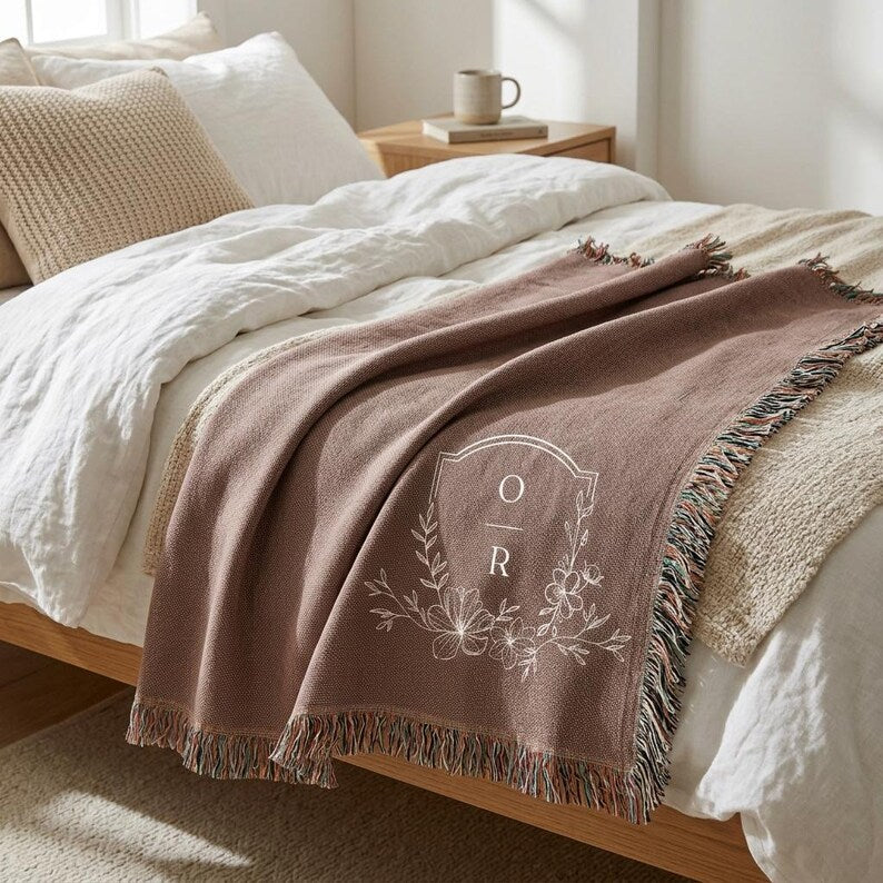 Personalized Mauve Floral Initial Blanket