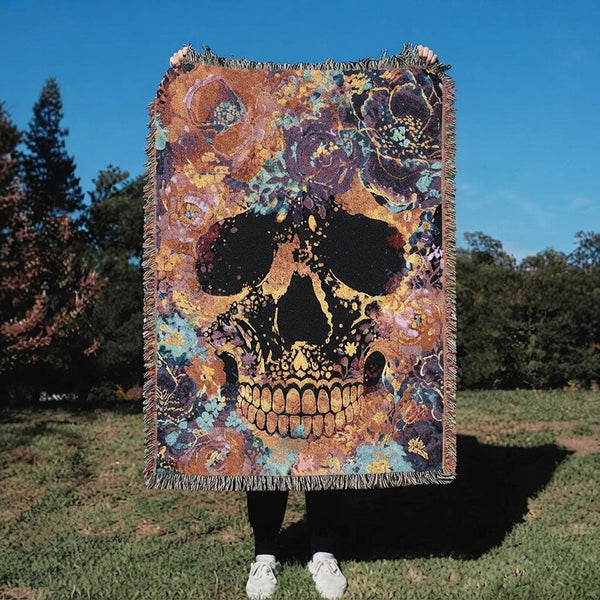 Colorful Floral Skull Woven Blanket
