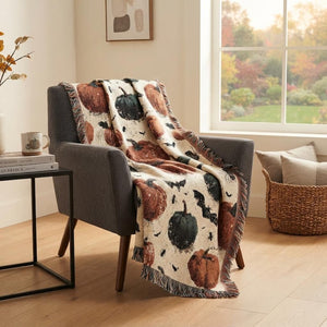 Pumpkin and Bat Woven Blanket