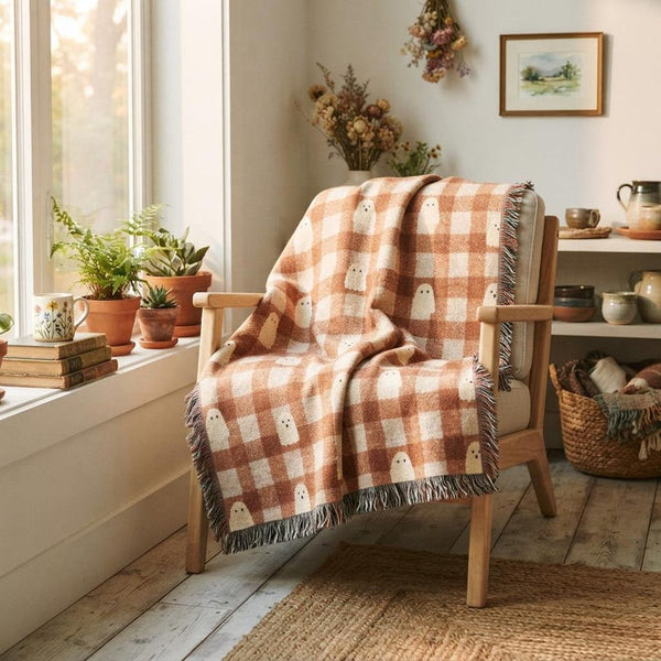 Orange Gingham Ghost Woven Blanket