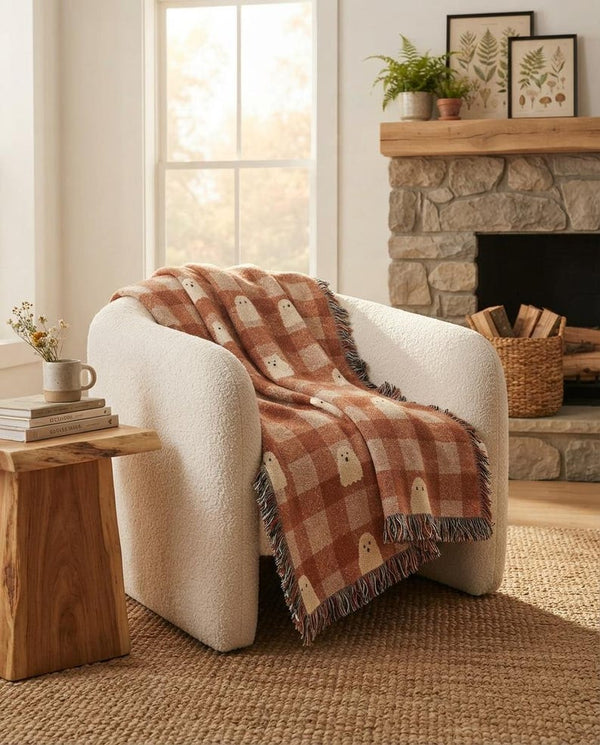 Orange Gingham Ghost Woven Blanket