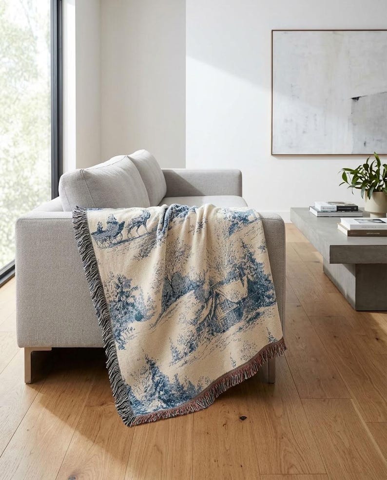 Blue Toile Reindeer Woven Blanket