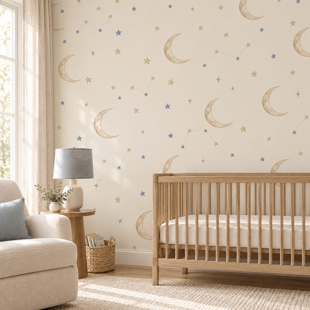 Oatmeal crescent moons and dusty blue stars wallpaper in a neutral nursery with an oak crib