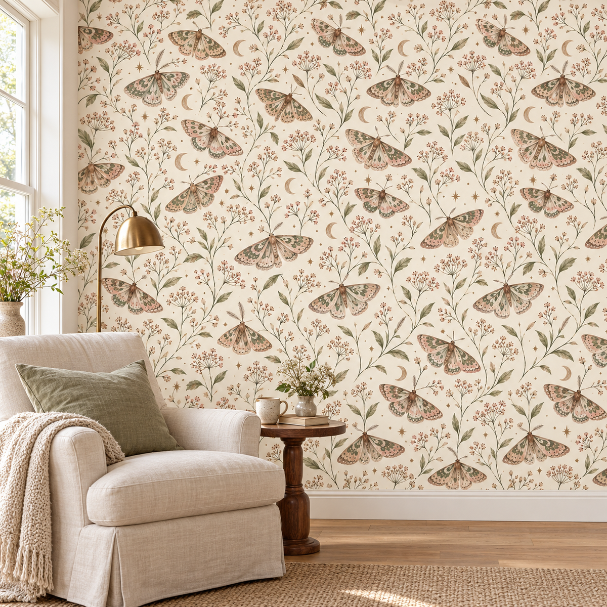 Moonlit Moths wallpaper reading nook