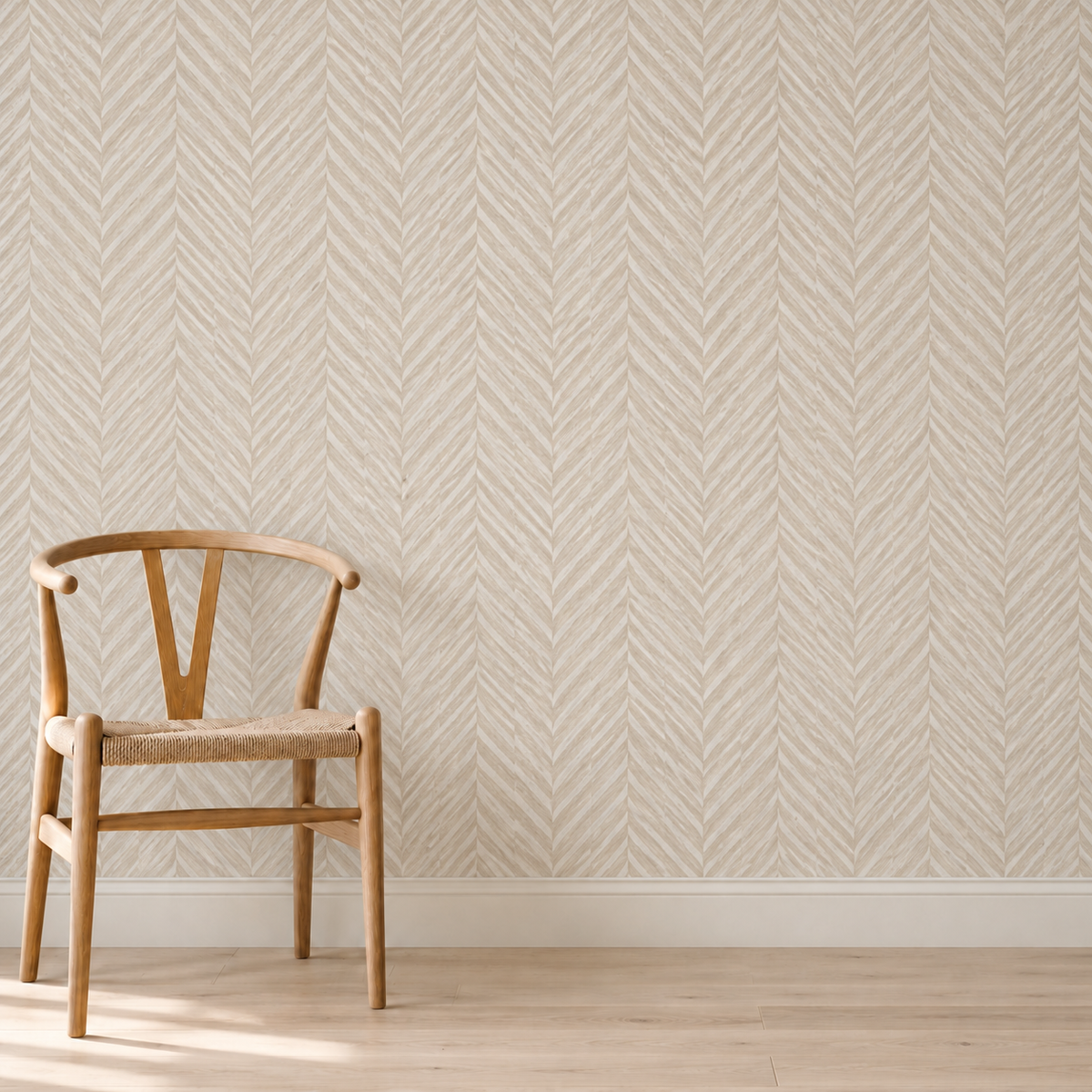 Medium-scale Mushroom Herringbone wallpaper room mockup