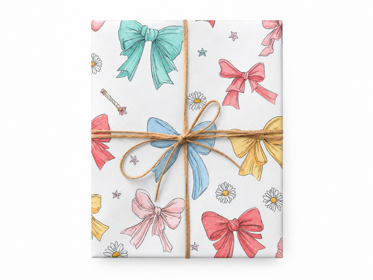 pastel bows wrapping paper gift box with jute twine