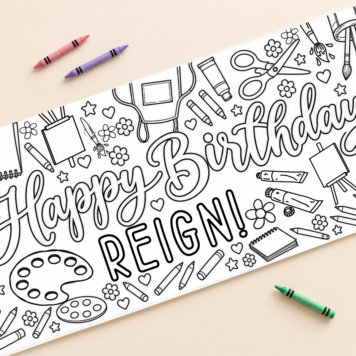 Personalized Art Party Birthday Coloring Banner; close-up mockup with example name
