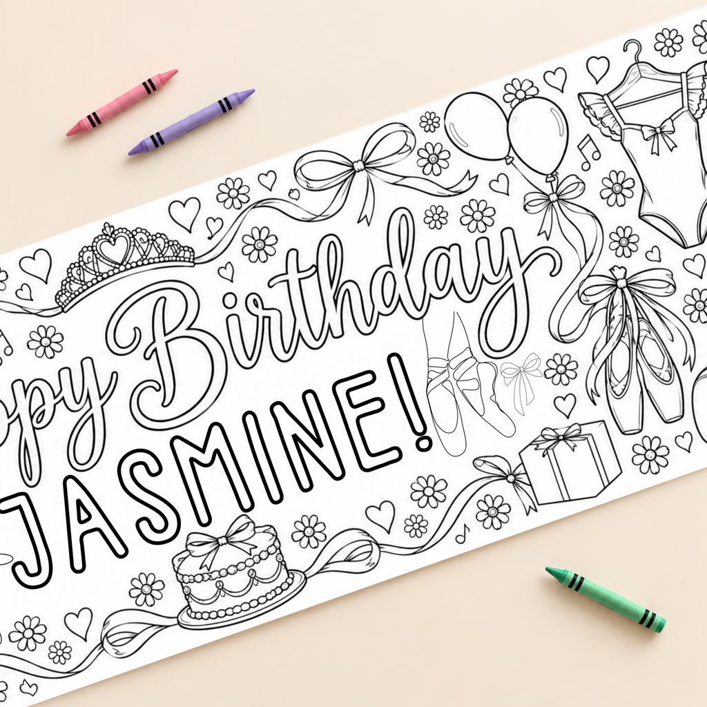 Personalized Ballet Birthday Coloring Banner; close-up mockup with example name