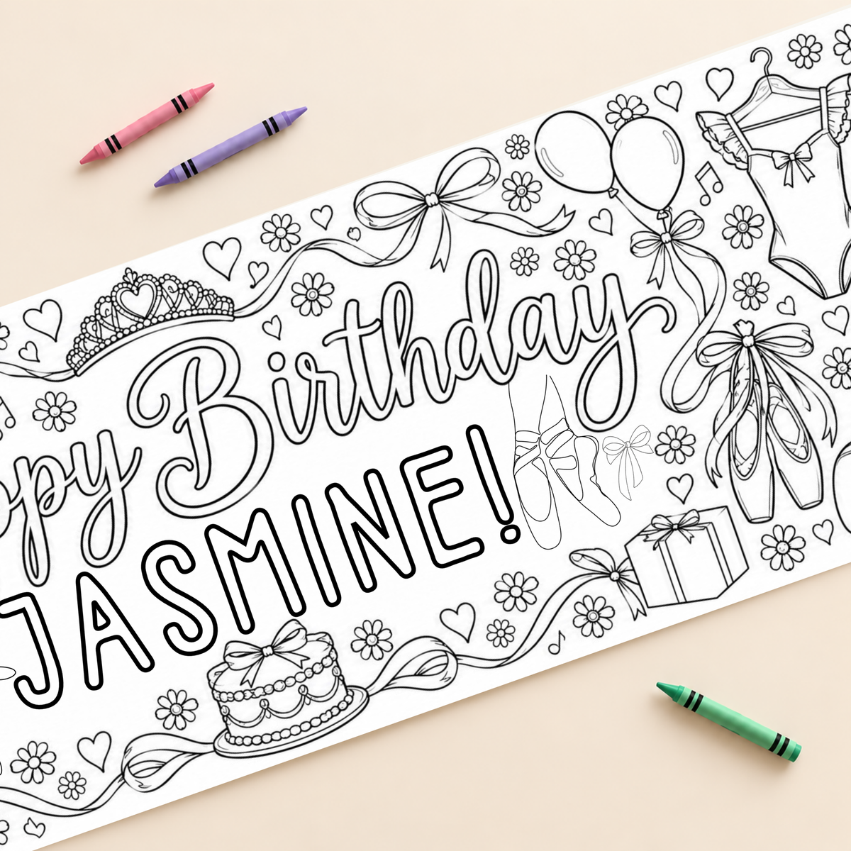 Personalized Ballet Birthday Coloring Banner; close-up mockup with example name