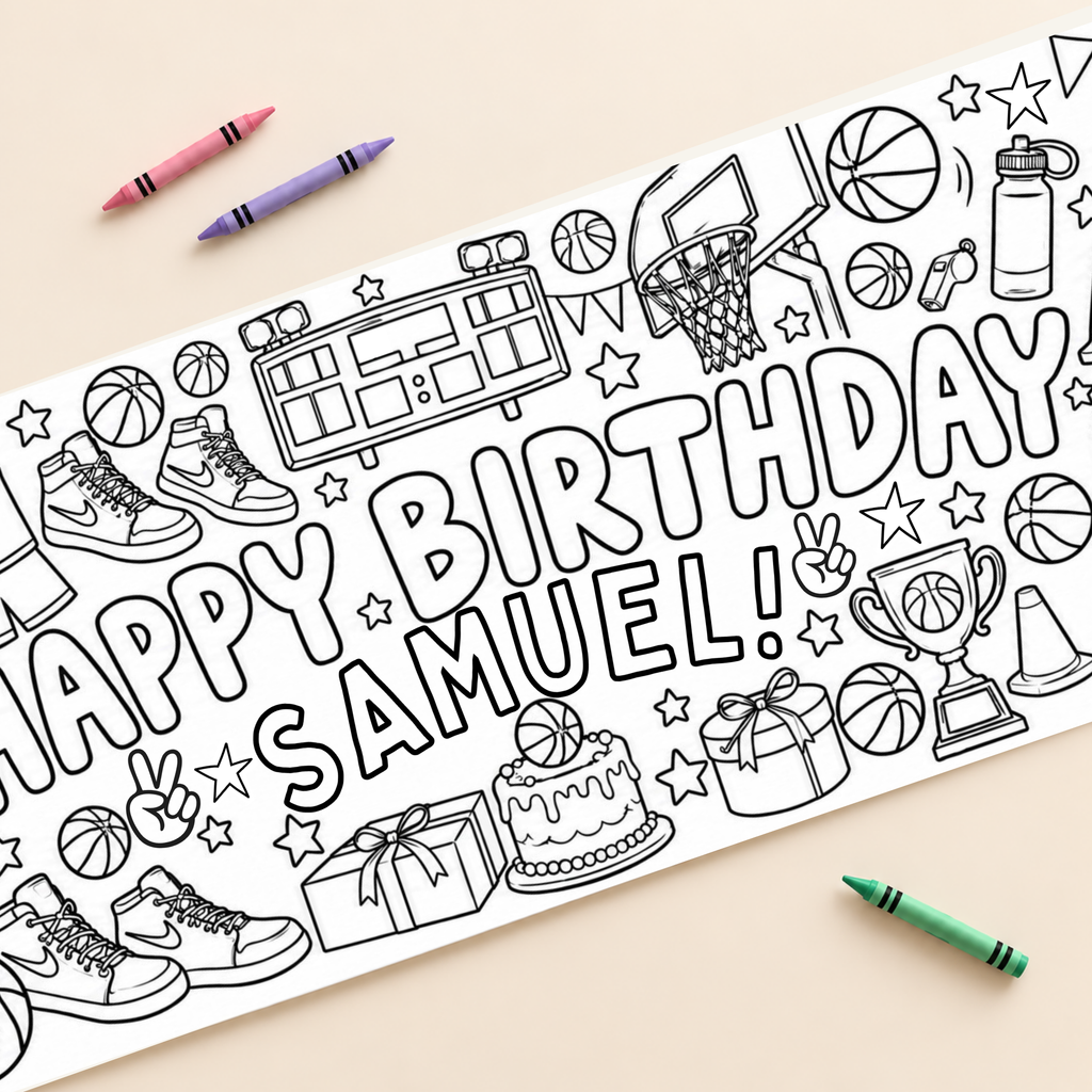 Personalized Basketball Birthday Coloring Banner; close-up mockup with example name