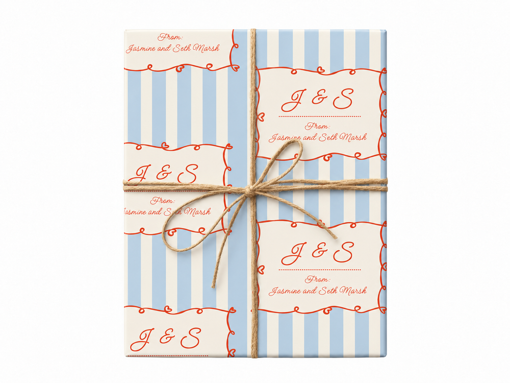 personalized blue stripe wrapping paper gift box with jute twine