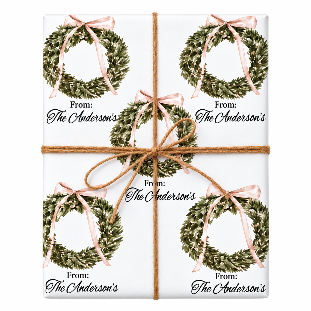 Personalized Christmas wreath gift wrap with larger wreaths