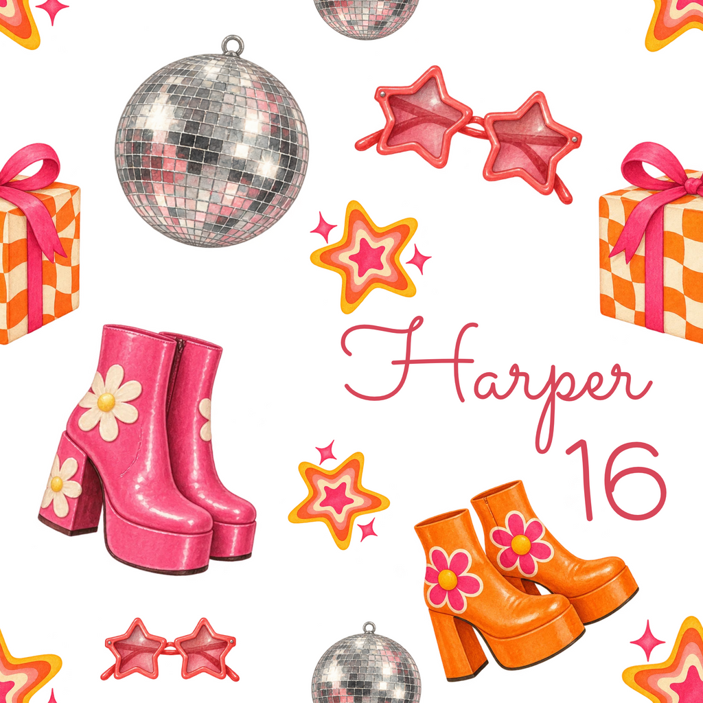 Approved personalized disco birthday wrapping paper pattern with Harper 16, disco balls, star sunglasses, orange and pink platform boots