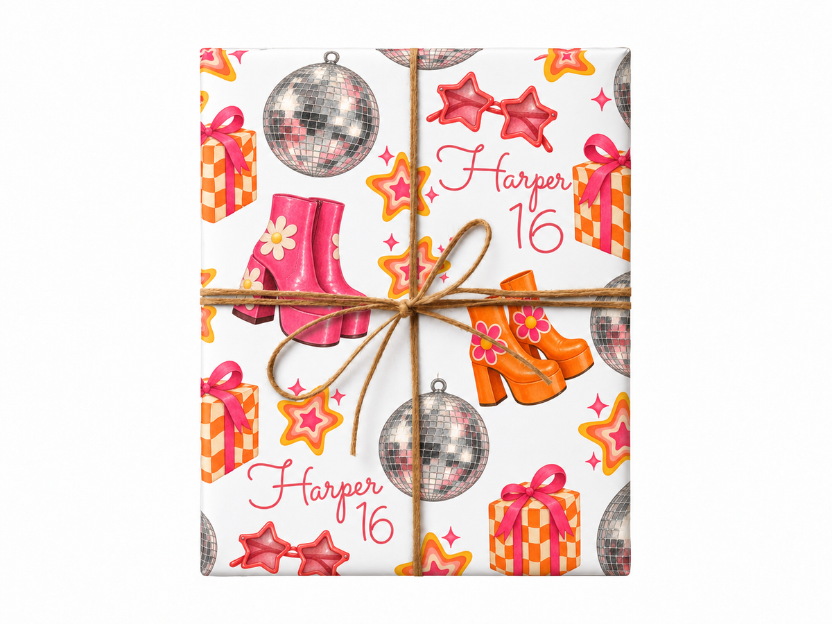 Personalized disco birthday wrapping paper with Harper 16 and original natural jute twine