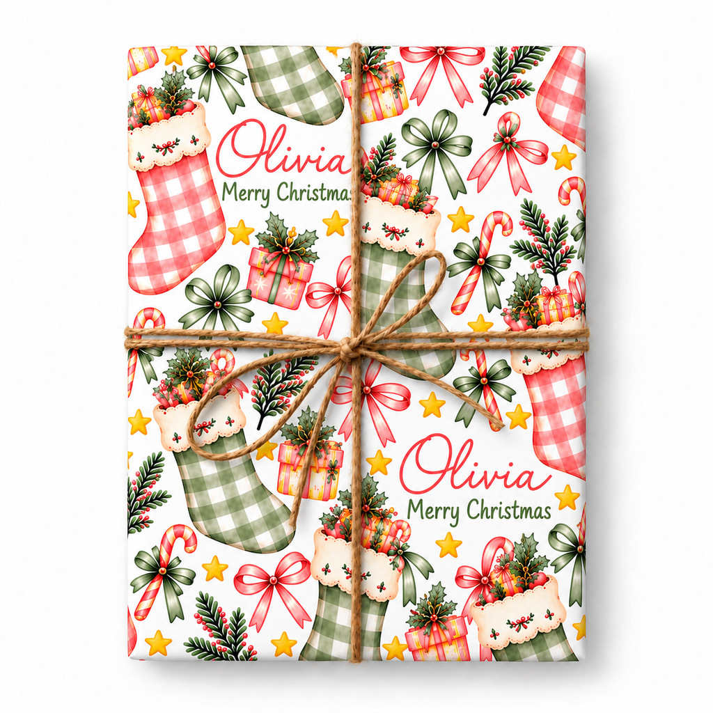 Personalized Gingham Stockings Christmas Wrapping Paper styled with natural jute twine