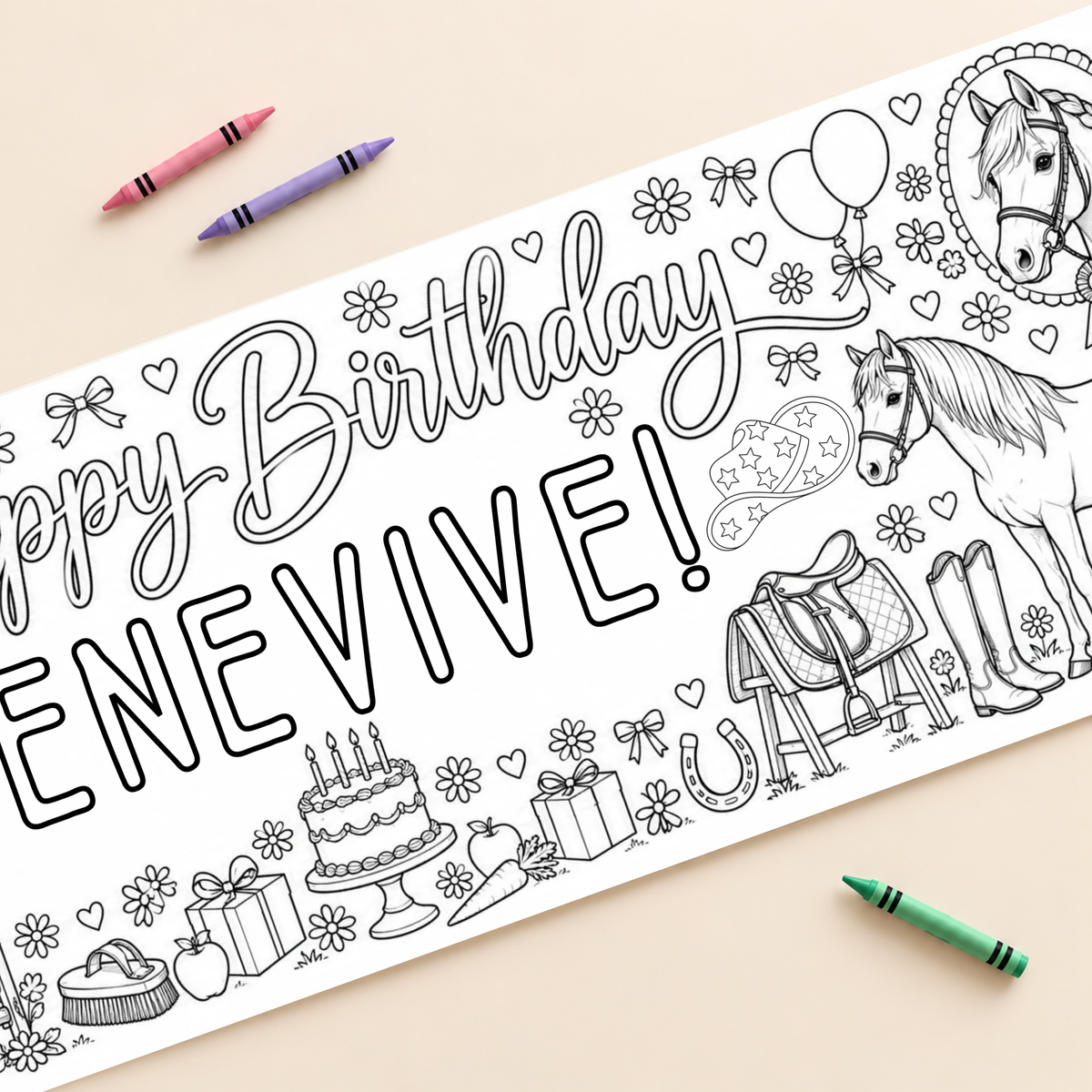 Personalized Horse Birthday Coloring Banner; close-up mockup with example name