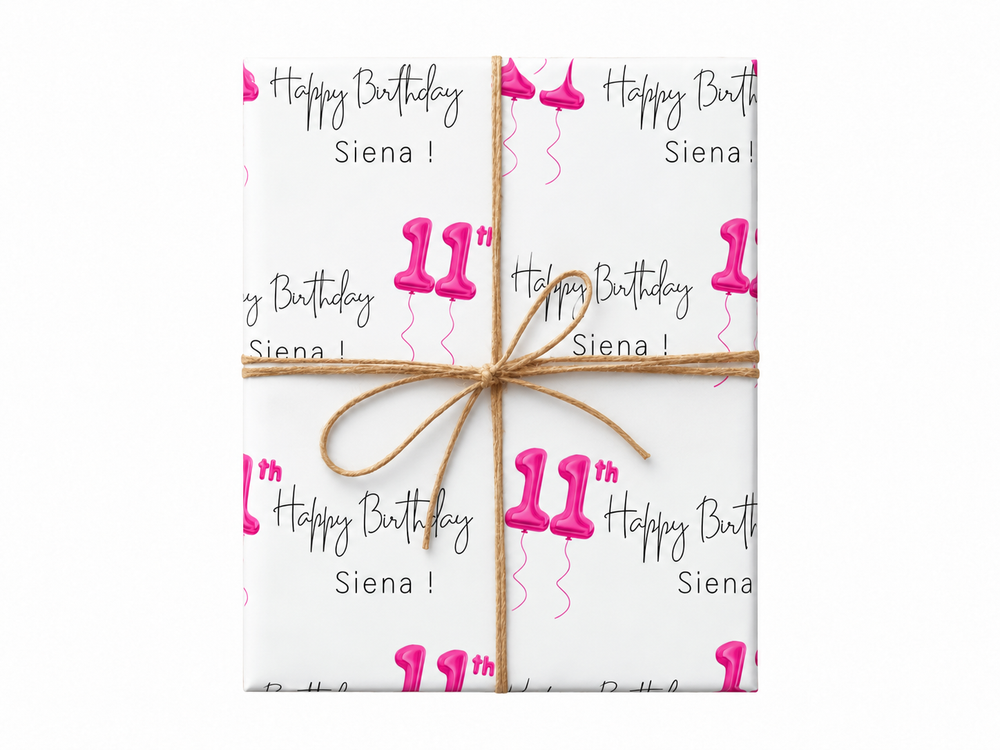 personalized pink birthday balloons wrapping paper gift box with jute twine