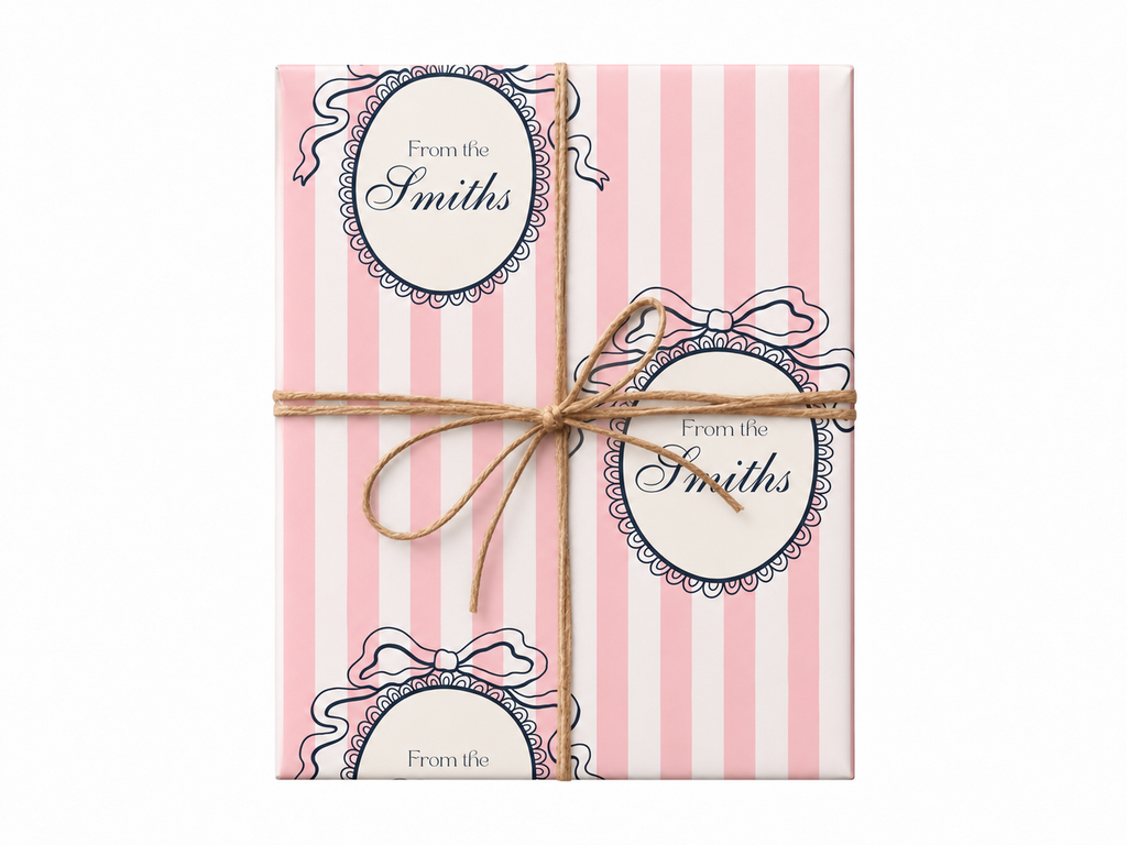 personalized pink stripe wrapping paper gift box with jute twine