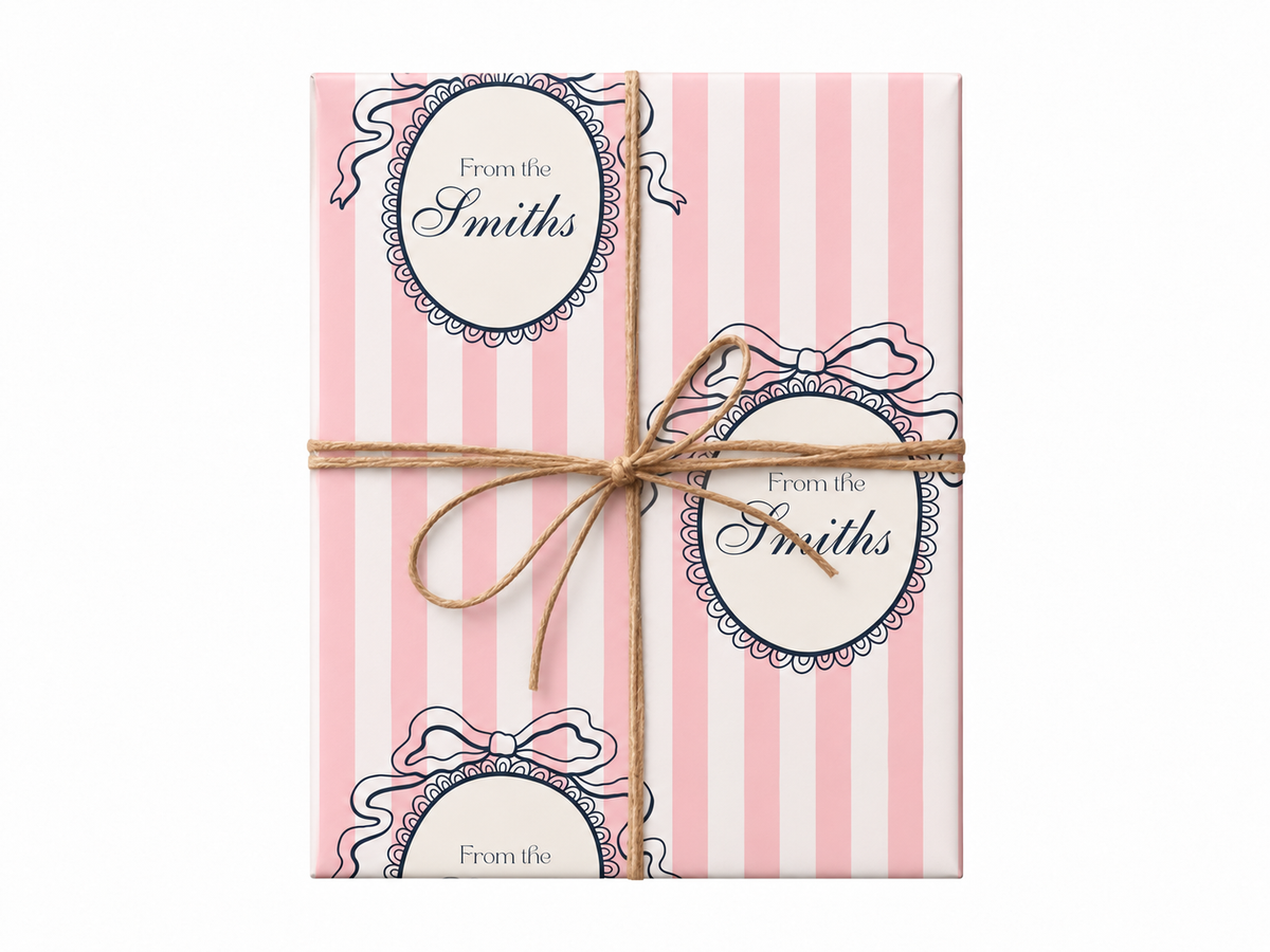 personalized pink stripe wrapping paper gift box with jute twine