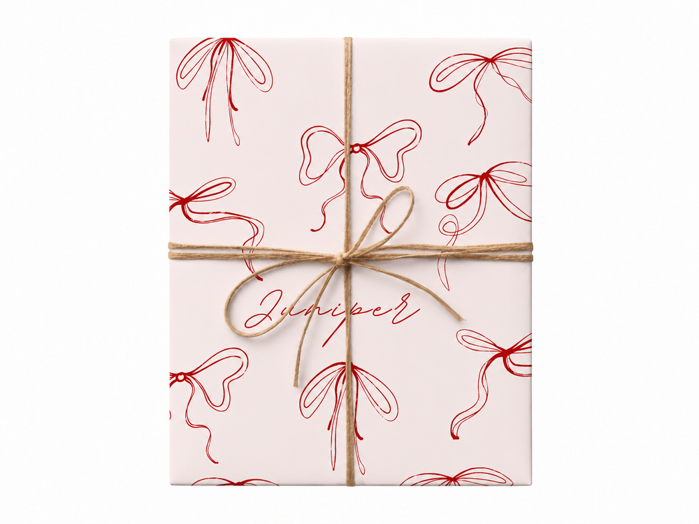 personalized red outline bows wrapping paper gift box with jute twine