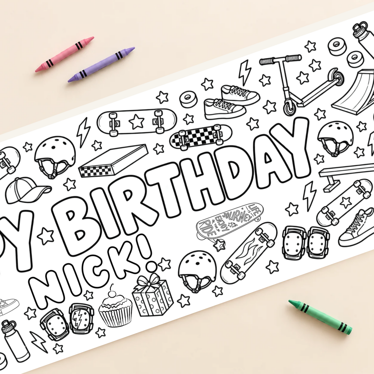 Personalized skateboard birthday coloring banner; close-up mockup with example name Nick