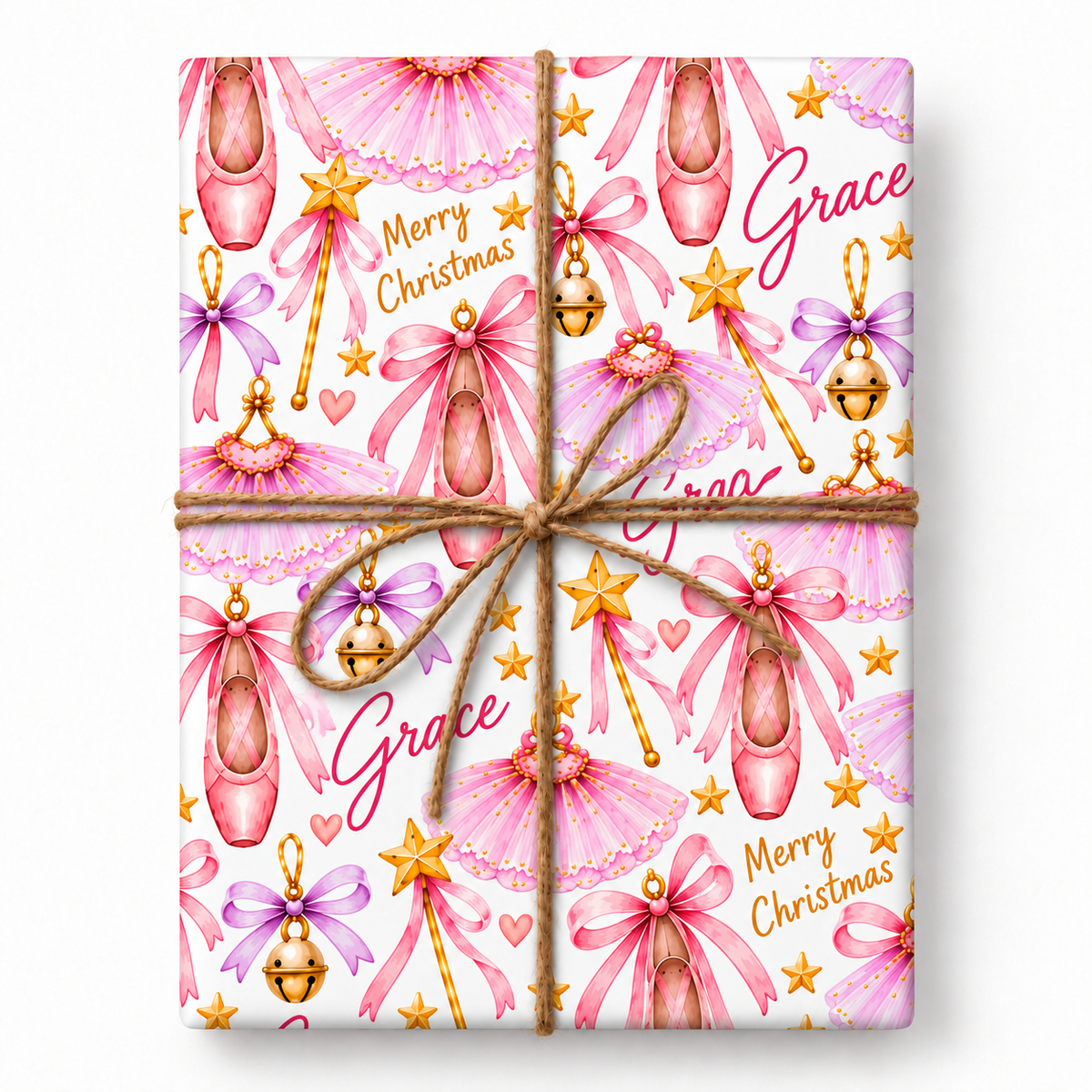 Personalized Sugarplum Ballet Christmas Wrapping Paper styled with natural jute twine
