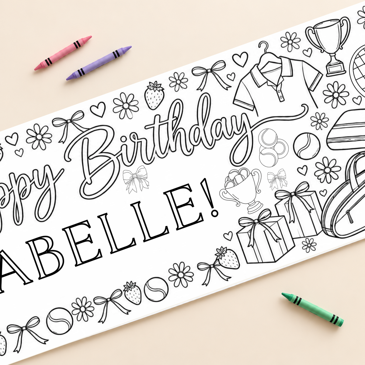 Personalized Tennis & Bows Birthday Coloring Banner; close-up mockup with example name