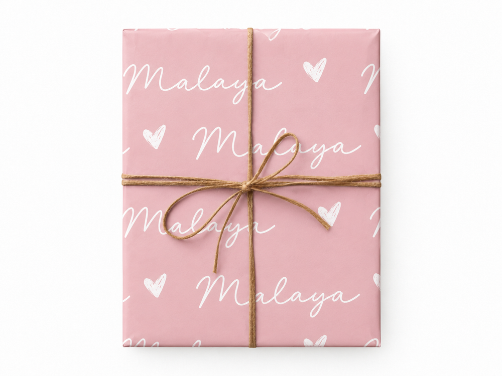 pink name hearts wrapping paper gift box with jute twine