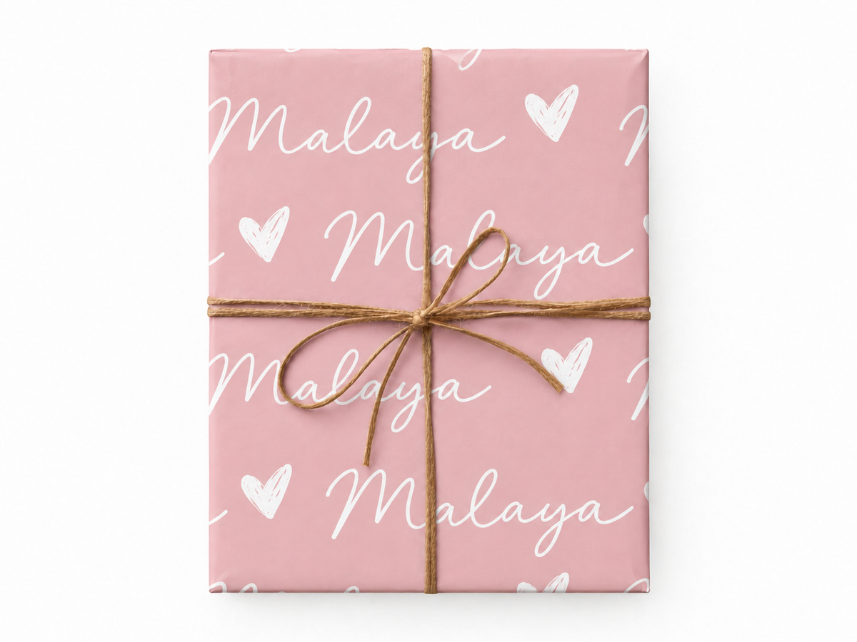 Personalized Girl Name Wrapping Paper with enlarged printed design and natural twine