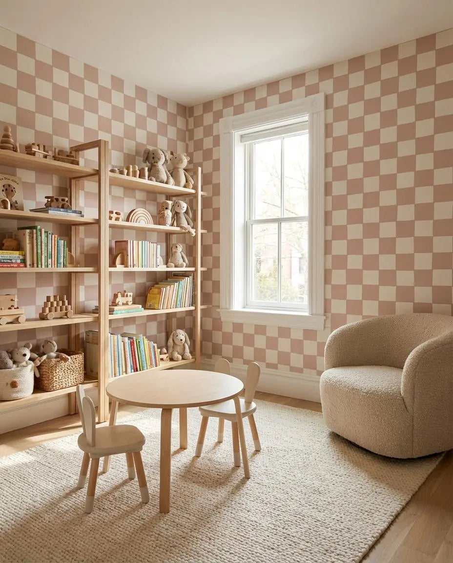 Dusty Pink and Cream Checkerboard Wallpaper styled room