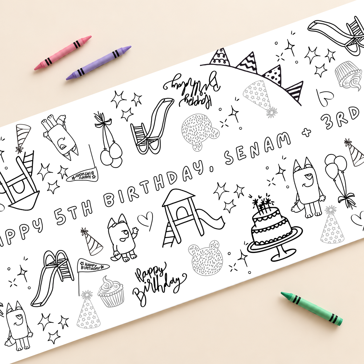 Personalized Playground Birthday Coloring Banner — close-up mockup