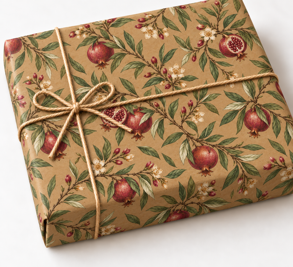 Pomegranate and Laurel Kraft Gift Wrap shown on a wrapped rectangular gift with natural twine and white background